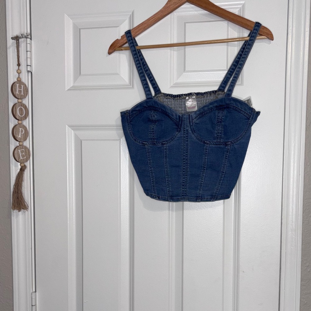 No Boundaries Barbiecore Coquette Denim Corset Top with Straps Sz M 7-9
